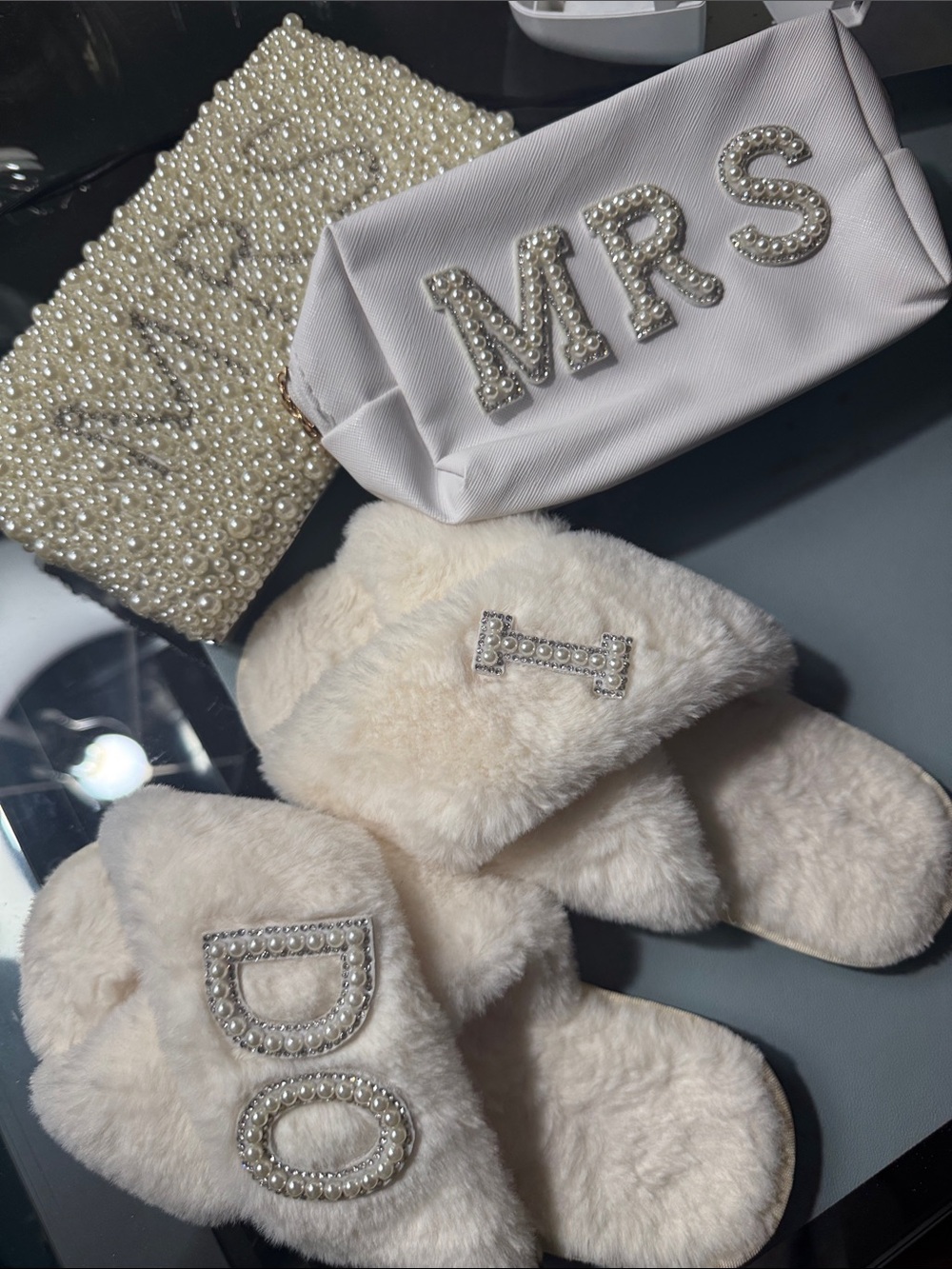 “MRS” Pearl Studded Clutch,  Fuzzy Slippers & “MRS” Pearl Accent Cosmetic Bag